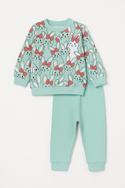 dinamik çocuk Baby Girl Double Set Rabbit Report Printed Ribbed Sweatshirt and Bottoms-Seasonal 3-6-9-12Months