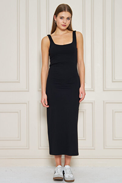 ESPİNA Women's U-Neck Sleeveless Slit Cotton Midi Dress