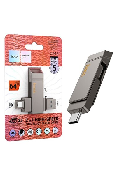 Hoco Memory Stick (UD15), 64GB, Dual USB-C + USB-A 3.2, High Speed, Flash Drive, Gray