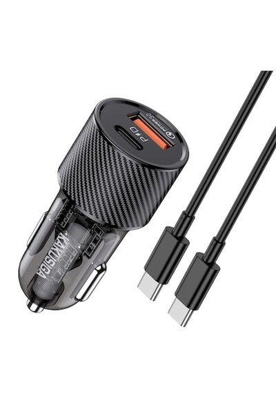 KAKUSİGA Car Charger Kakusiga, 60W, 1 USB-C Port, 1 USB-A Port, Fast Charging 3.0 + Type-C Cable, Black