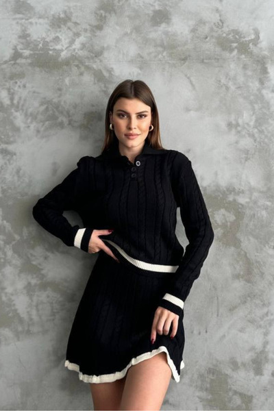 macharel jeans Women's Polo Neck Skirted Knitwear Set Sweater/Skirt