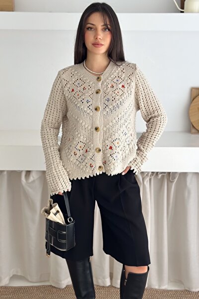 FEMELLE Beige Embroidered Buttoned Openwork Knitwear Cardigan Standard Size