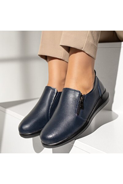 BMoD Pantofi sport damă din piele naturală albastru închis, cu fermoar, MOD13292