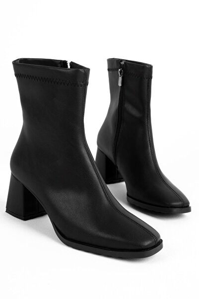 Lal Shoes & Bags Penia Kadın Dikiş Detaylı Küt Burun Fermuarlı Topuklu Bot(4178)-siyah