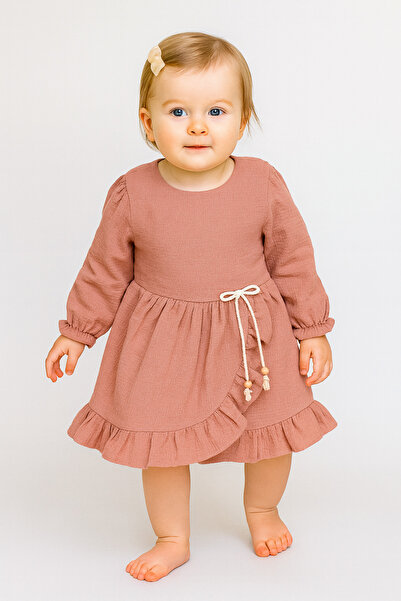 PİETRA BABY KİDS BÜZGÜ DETAYLI %100 PAMUK MÜSLİN KUMAŞ BEBEK VE ÇOCUK ELBİSE