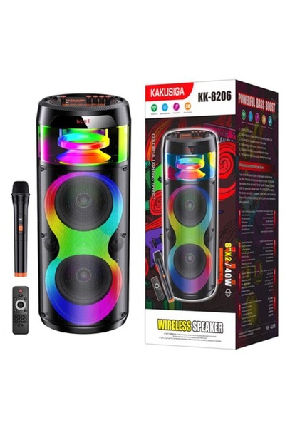 KAKU Boxă portabilă (8206), wireless BT 5.0, microfon și telecomandă, inele luminoase LED, 40W, 4800mAh,