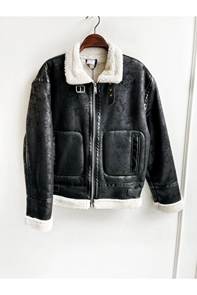 Butik معطف جلد نابا كامل الفرو الأسود من الداخل