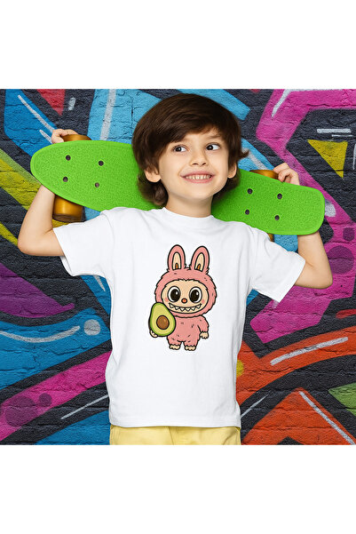 OEM Tricou unisex copii, alb cu imprimeu Labubu si avocado, 100% bumbac