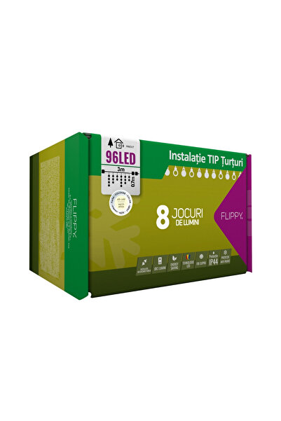 Flippy Instalatie Craciun, 3 m, 96 Led-uri ,Franjuri, Alb cald, 8 jocuri de l...