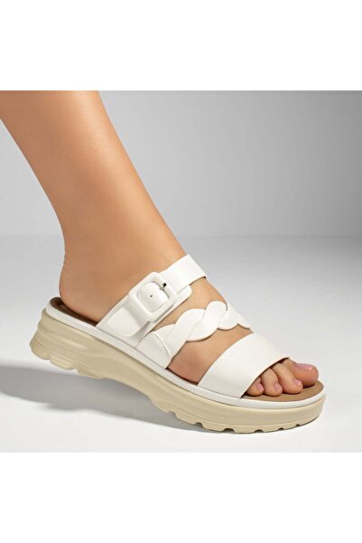 Modlet.ro Women's white thick sole casual slides with strap MOD13363