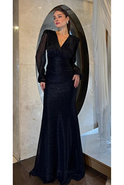 SpringStore Siyah Simli Uzun Kol Abiye