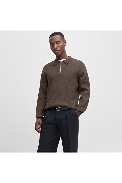 Jack & Jones Men's Brown Jprblamilano Stitch Knit Zip Polo Sweater & Cardigan 12281743-Delicioso