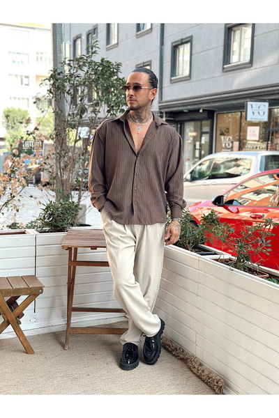 manch collection oversized Ριγέ πουκάμισο Modal Καφέ