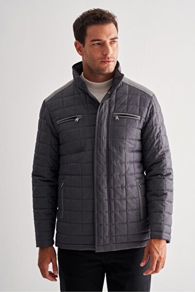 İmza Anthracite Zippered Stand Collar Quilted Slim Fit Classic Coat 1007255124