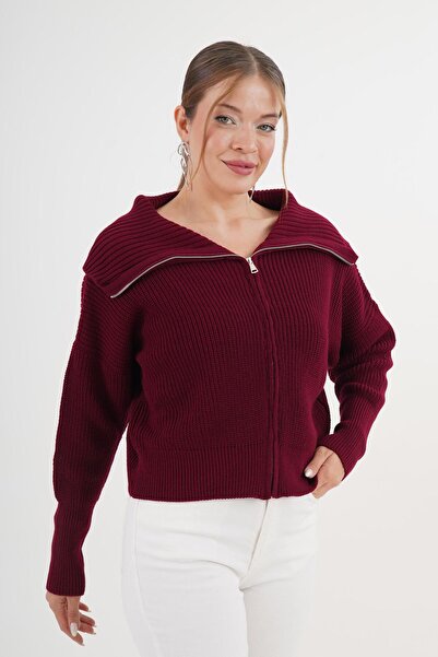Hipo Trend Cardigan tricotat cu guler cu fermoar, mare, croială burgundy