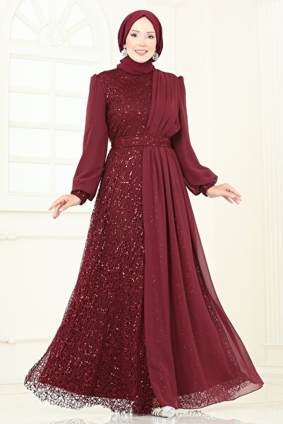 ModaMerve Payet Detaylı Şifon Abiye 2819ELC1143-MS Bordo