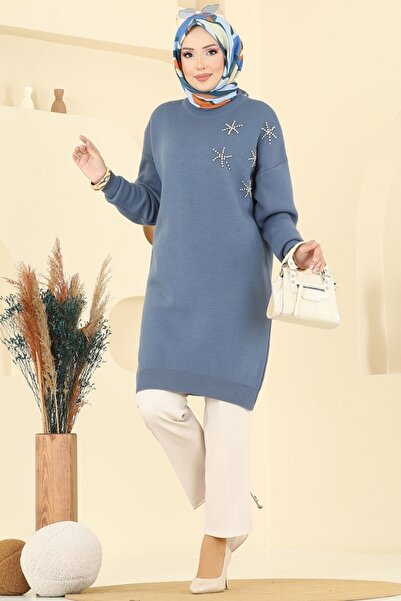 ModaMerve Taş Detaylı Triko Tunik 2717AYD574-MS İndigo