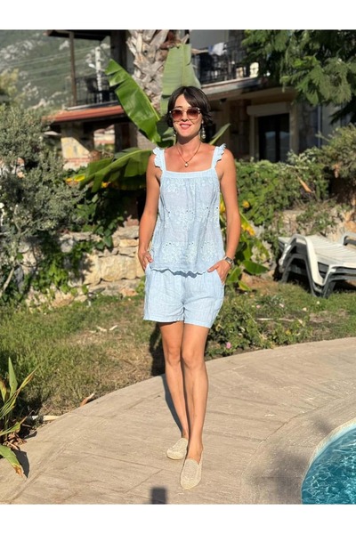 Punta Otantik Nc31211 Embroidered Shoulder Ruffle Linen Italian Shorts Set Baby Blue