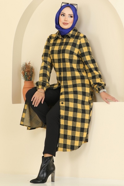 ModaMerve Gömlek Yaka Ekose Tunik 3062KTR750-MS Desen 3 Hardal