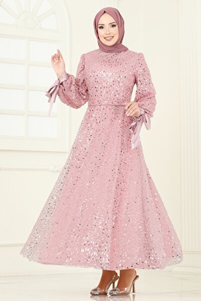 ModaMerve Boncuk Detaylı Tül Abiye 2822ELC1143-MS Pudra