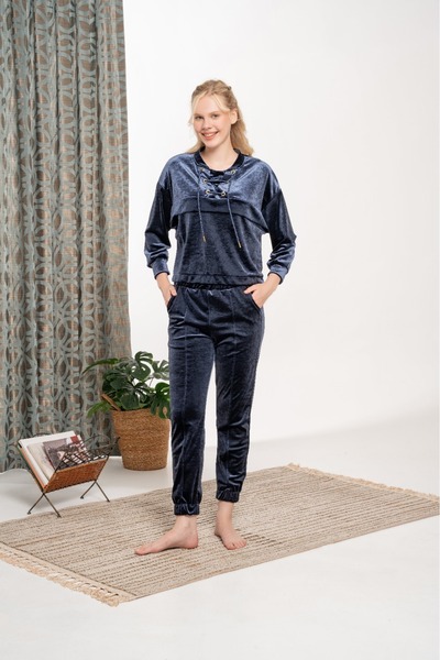 Lohusa Homewear Set de trening cu glugă exclusiv din catifea, cu design special, albastru bleumarin pentru femei