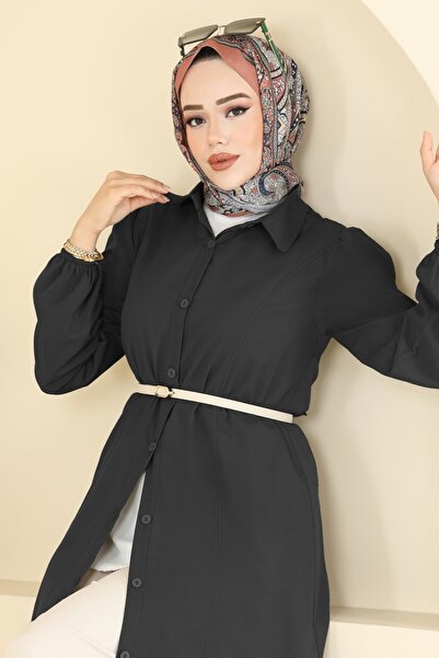 ModaMerve Manşeti Lastikli Terikoton Tunik 3063KTR750-MS Siyah