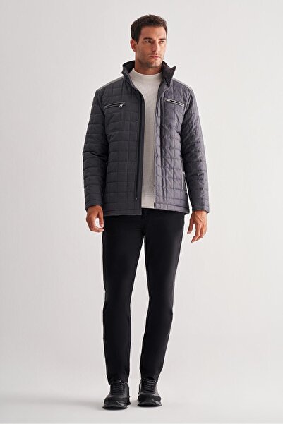 İmza Anthracite Zippered Stand Collar Quilted Slim Fit Classic Coat 1007255124