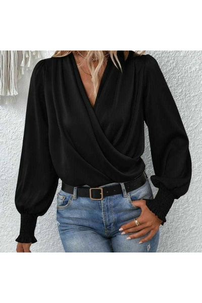 gl00my Bluză fluidă cu mânecă lungă pentru femei, cu guler dublu, cu mâneci l...