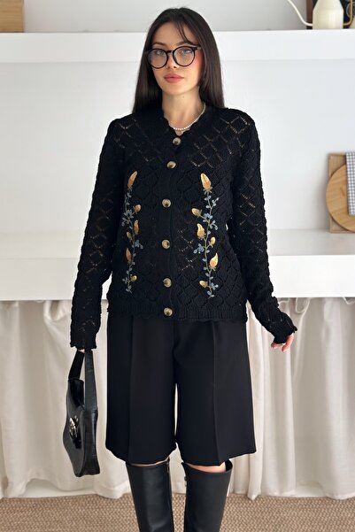 FEMELLE Cardigan de tricotat ajurat pentru femei, bej, cu detaliu de broderie...