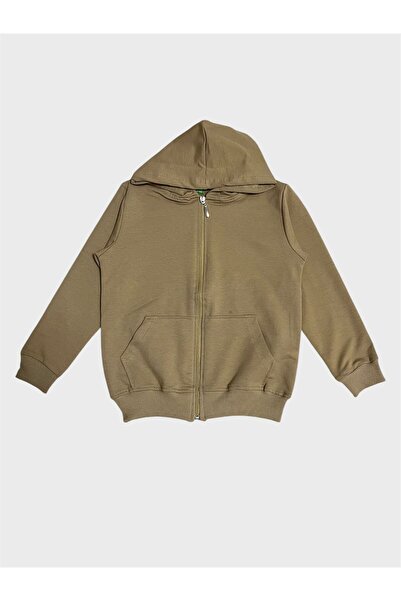 ALİŞ KİDS Boys' Cotton Beige Long Sleeve Hooded Sweatshirt with Pockets and Zipper Suitable for School Tracksuit Set