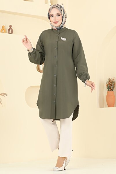 ModaMerve Hakim Yaka Terikoton Tunik 4517PM271-MS Haki