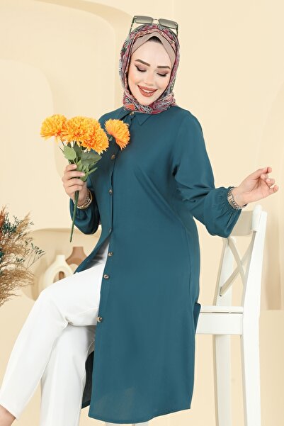 ModaMerve Gömlek Yaka Detaylı Tunik 2001ERK1158-MS Petrol