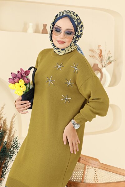 ModaMerve Taş Detaylı Triko Tunik 2717AYD574-MS Yağ Yeşili