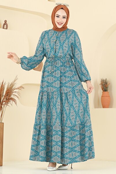 ModaMerve Beli Tünell Viskon Elbise 7109ERK1158-MS Petrol