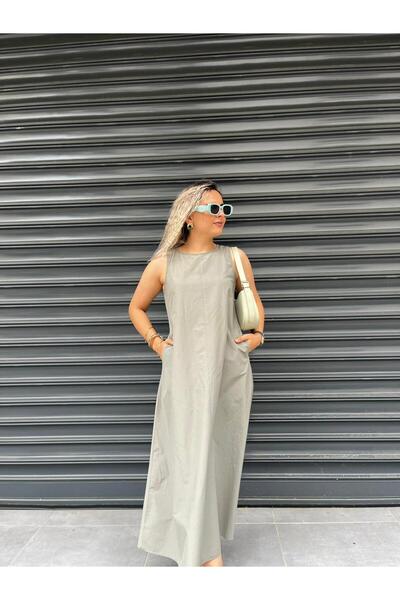 En Gözde Butik KADIN SIFIR KOLLU HAKİ UZUN ELBİSE