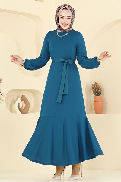 ModaMerve Eteği Katlı Mira Elbise 8133AB368-MS Açık Petrol