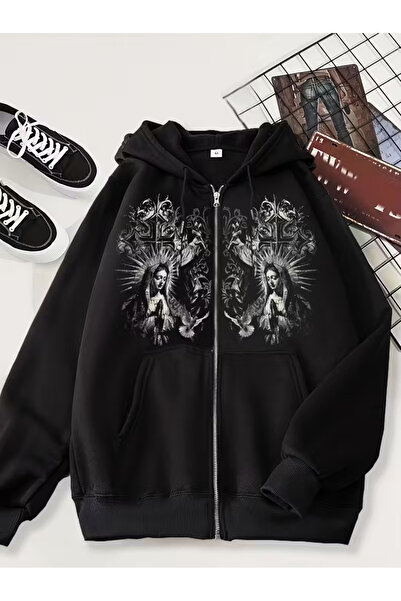 Touz Moda Готичний дизайн Oversize Чорний унісекс кардиган з капюшоном на блискавці