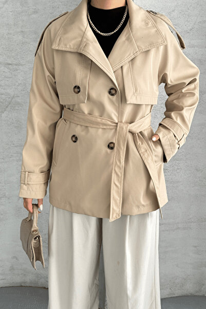 BEYBOS Bondit Kumaş Kısa Trençkot - BEJ