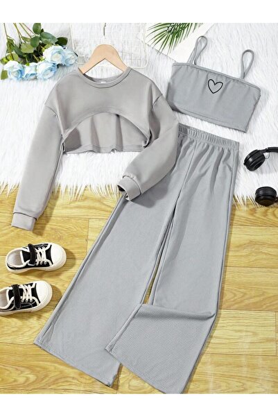 Machetta Children's Heart Printed Sweatshirt Strap Crop Tracksuit Set