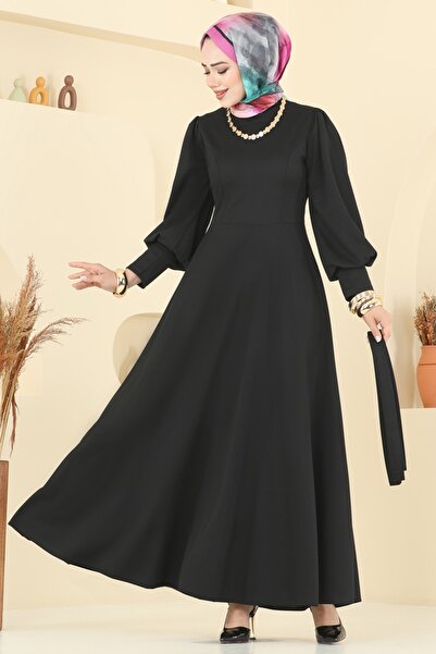 ModaMerve Beli Kuşaklı Krep Elbise 23031UKB139-MS Siyah