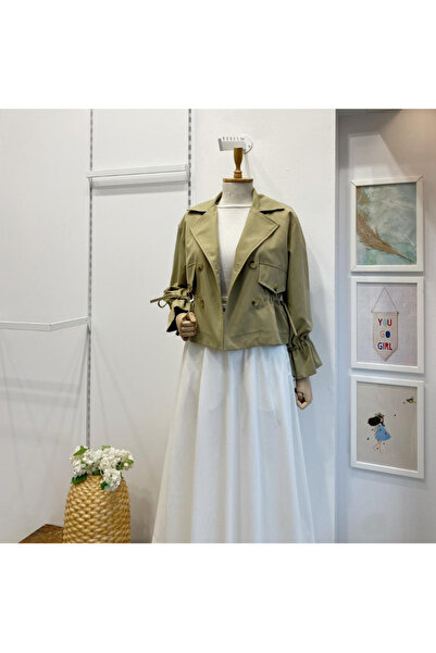 Faya Boutique Çağla Yeşili Beli Büzgülü Kısa Trençkot