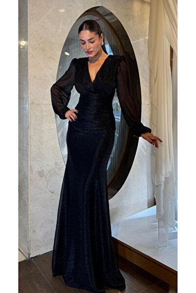 SpringStore Siyah Simli Uzun Kol Abiye