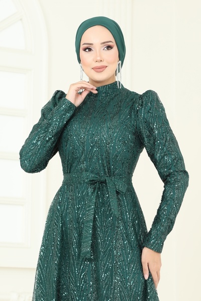 ModaMerve Beli Bağcıklı Simli Tül Abiye 5705EDF311-MS Zümrüt