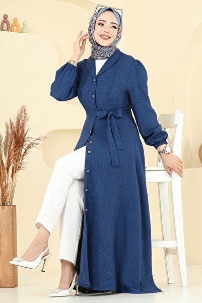 ModaMerve Beli Kuşaklı Sofia Elbise 9162PLK541-MS Koyu İndigo