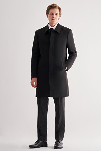 İmza Siyah Berberi Yaka Tam Astar Classic Comfort Fit Esnek Kaşe Palto 1005255152
