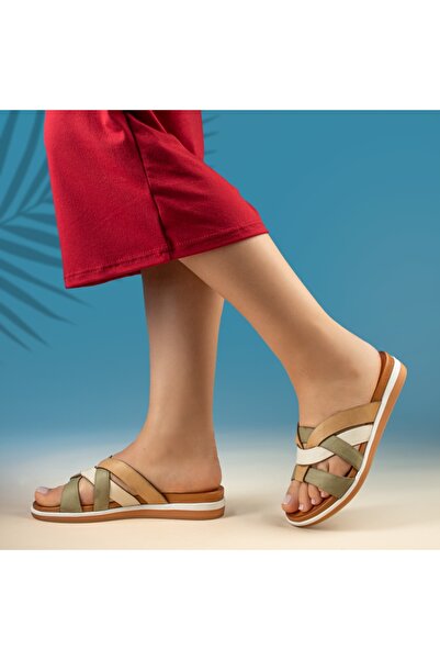 Modlet.ro Papuci casual din piele pentru femei, verzi și maro, MOD13778