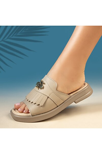 Modlet.ro Papuci de damă bej, din piele, casual, plați, MOD13739