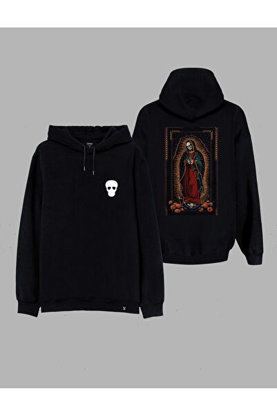 MODA Hanorac negru Fecioara Maria cu imprimeu cu glugă Swea tricou