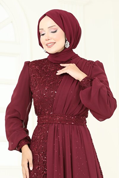 ModaMerve Payet Detaylı Şifon Abiye 2819ELC1143-MS Bordo