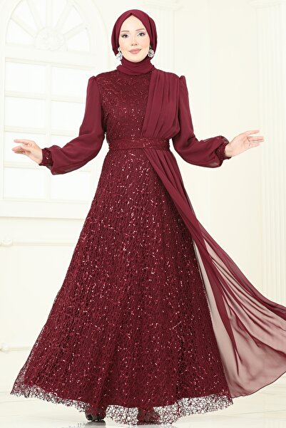 ModaMerve Payet Detaylı Şifon Abiye 2819ELC1143-MS Bordo